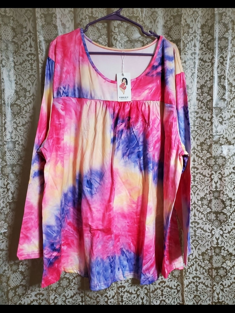 Vislily Tie-Dye Long Sleeve Tunic Top - Pink & Blue
